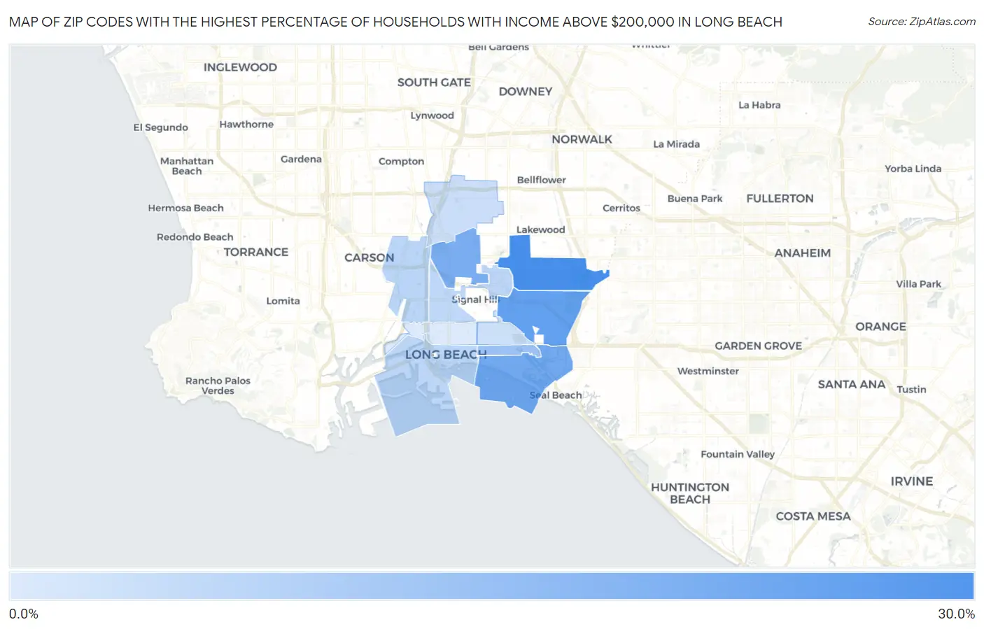 Zip Codes with the Highest Percentage of Households with Income Above $200,000 in Long Beach Map