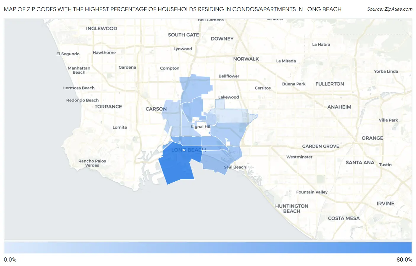 Zip Codes with the Highest Percentage of Households Residing in Condos/Apartments in Long Beach Map