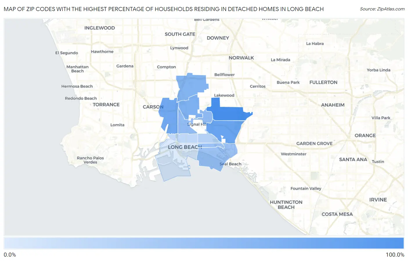 Zip Codes with the Highest Percentage of Households Residing in Detached Homes in Long Beach Map