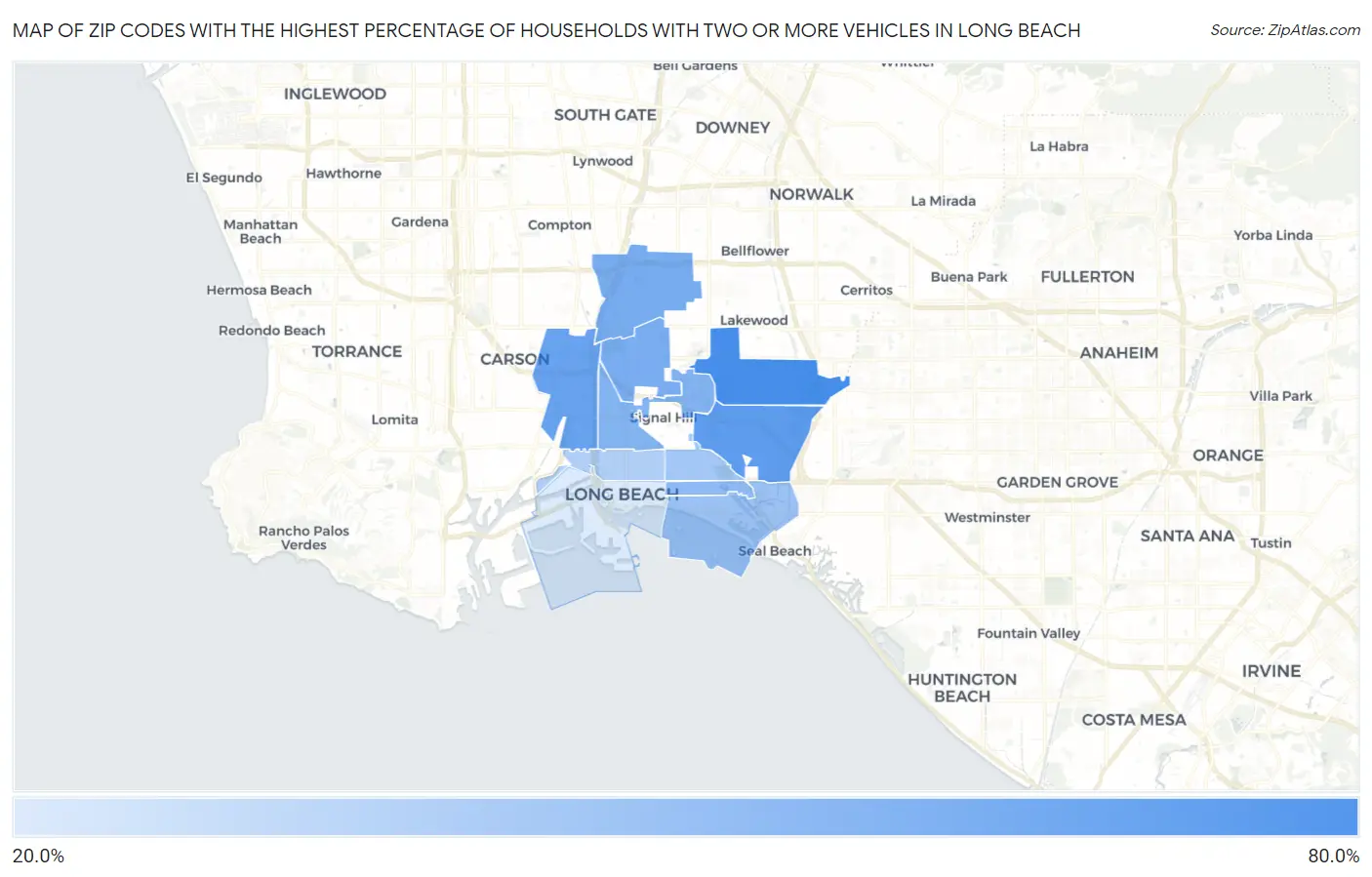Zip Codes with the Highest Percentage of Households With Two or more Vehicles in Long Beach Map