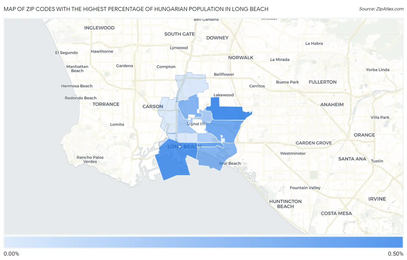 Zip Codes with the Highest Percentage of Hungarian Population in Long Beach Map
