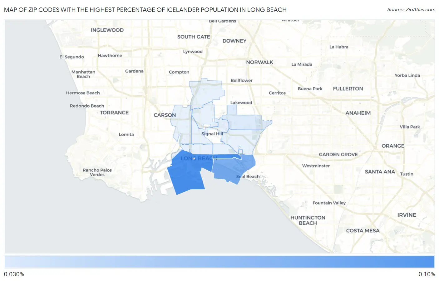 Zip Codes with the Highest Percentage of Icelander Population in Long Beach Map