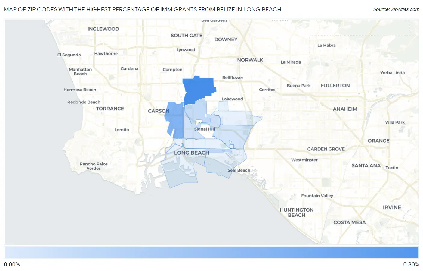 Zip Codes with the Highest Percentage of Immigrants from Belize in Long Beach Map