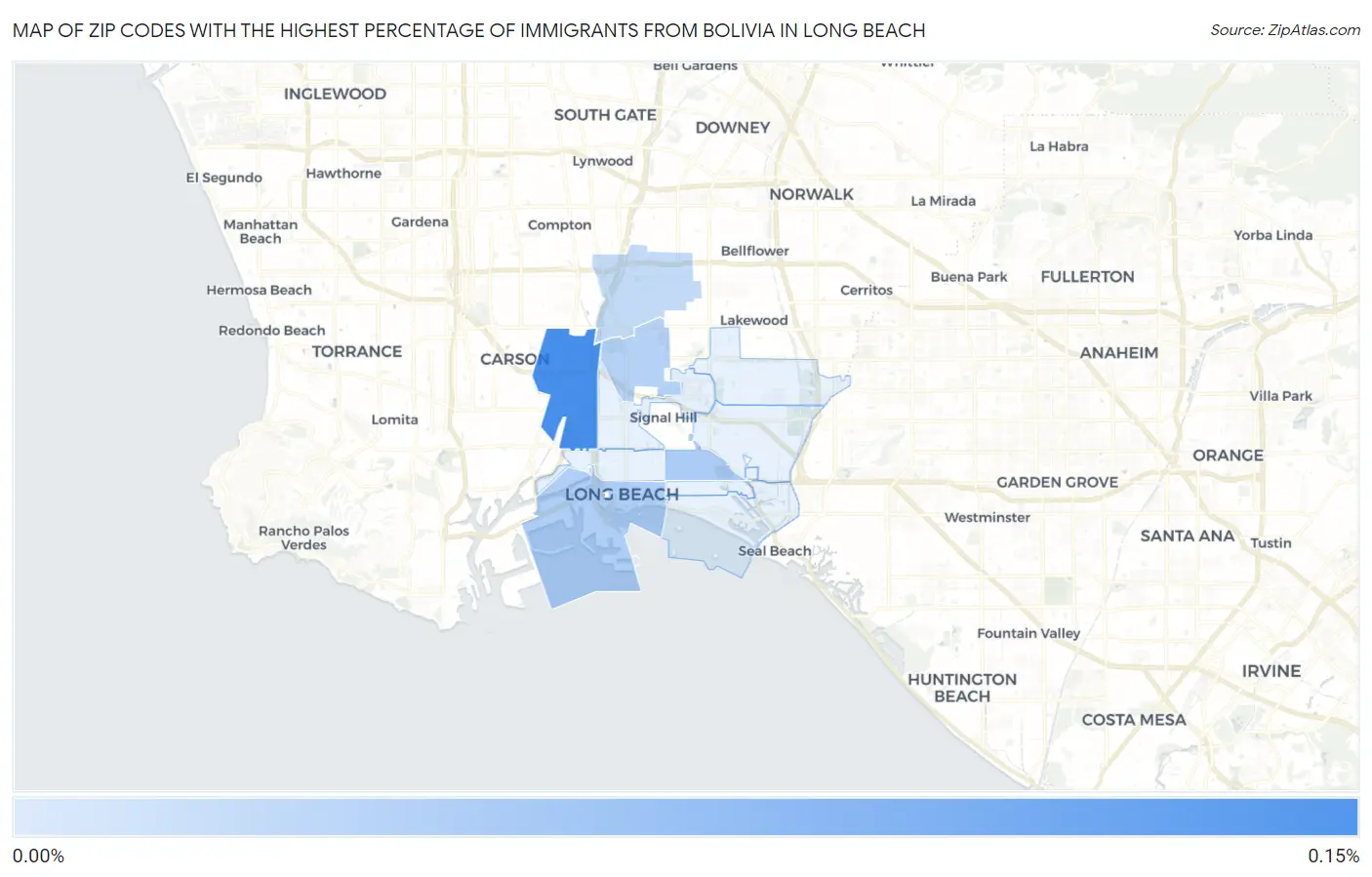 Zip Codes with the Highest Percentage of Immigrants from Bolivia in Long Beach Map