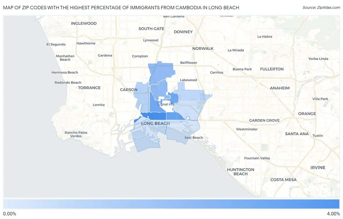 Zip Codes with the Highest Percentage of Immigrants from Cambodia in Long Beach Map