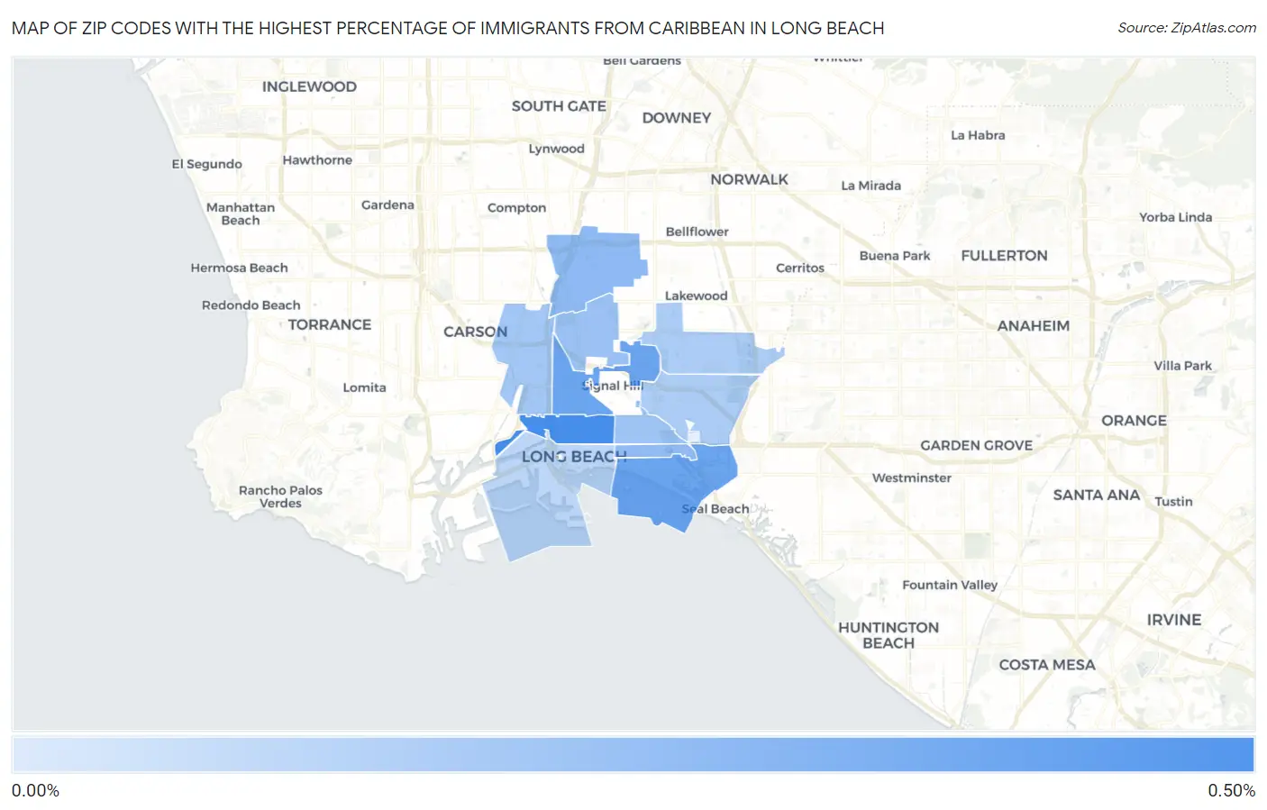 Zip Codes with the Highest Percentage of Immigrants from Caribbean in Long Beach Map