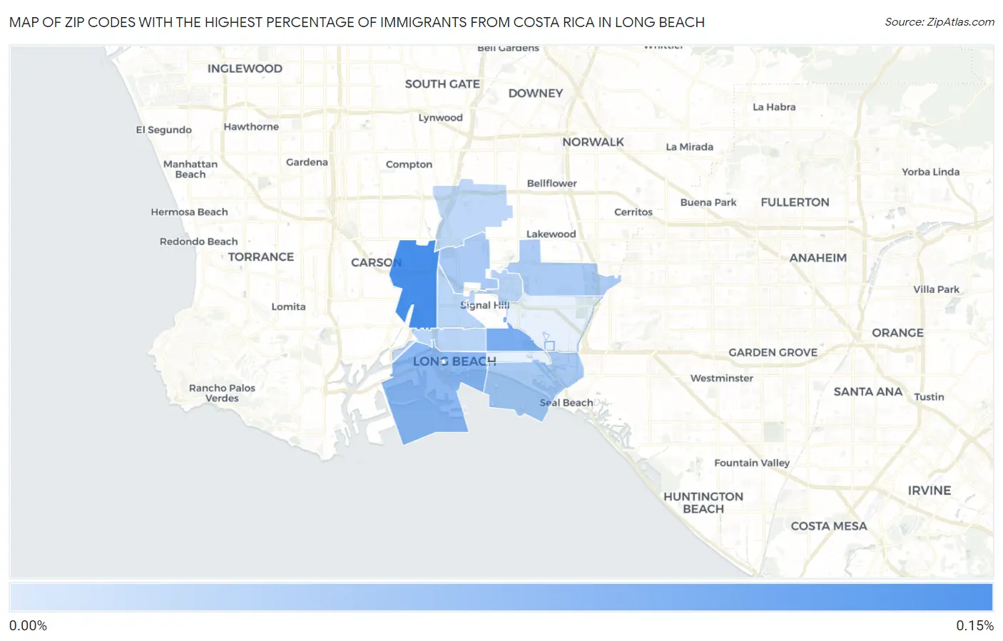 Zip Codes with the Highest Percentage of Immigrants from Costa Rica in Long Beach Map