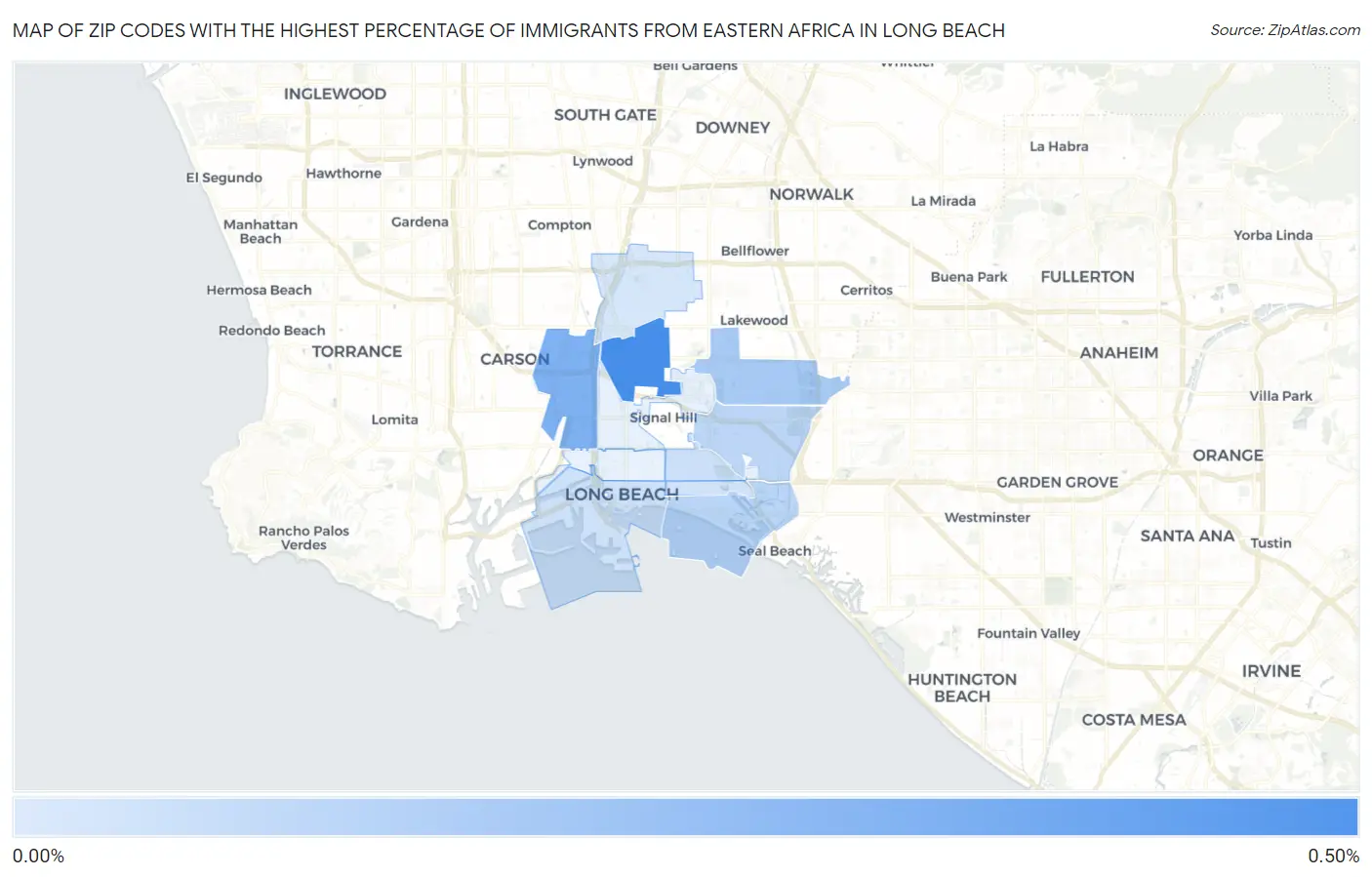 Zip Codes with the Highest Percentage of Immigrants from Eastern Africa in Long Beach Map