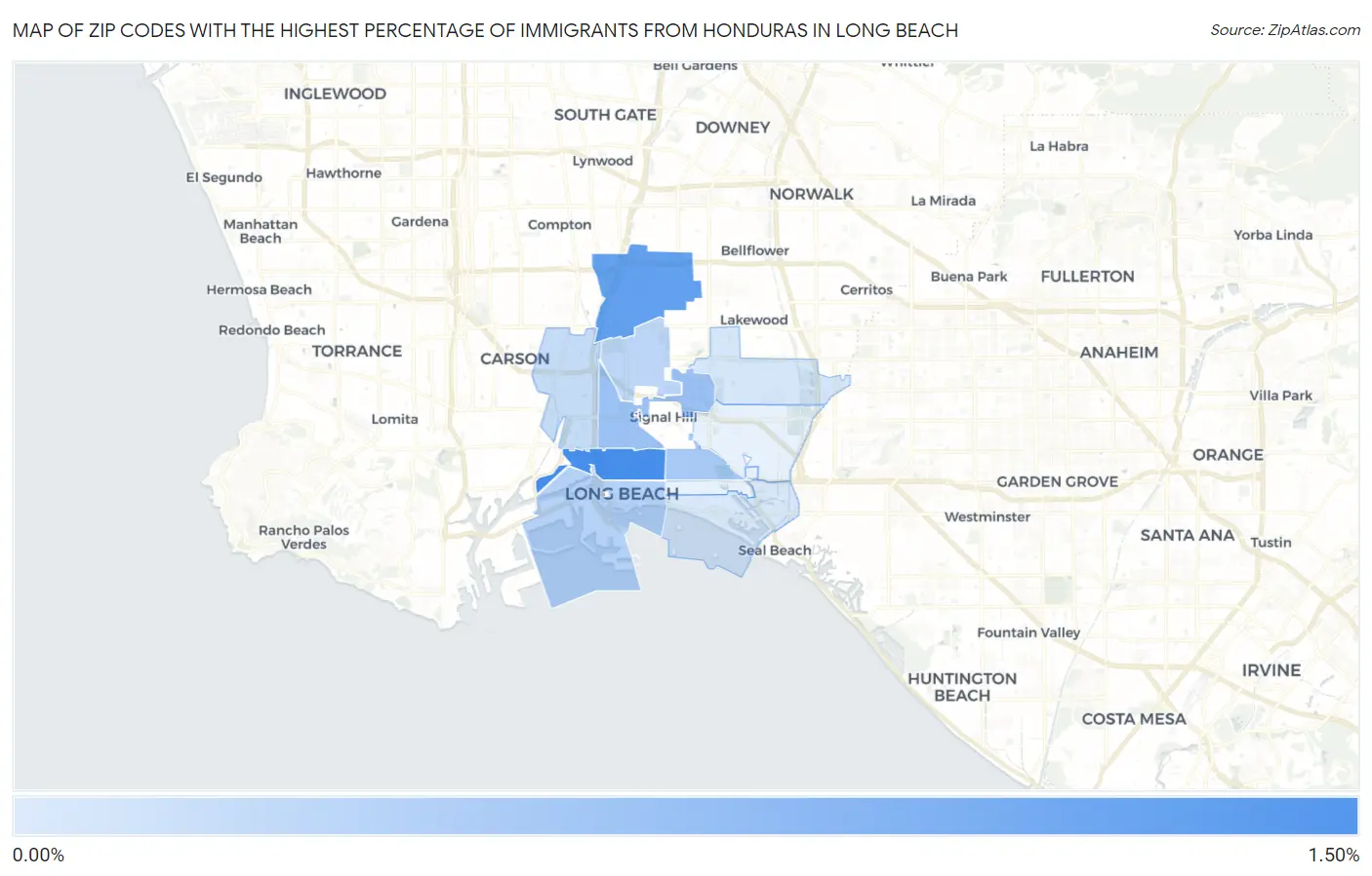 Zip Codes with the Highest Percentage of Immigrants from Honduras in Long Beach Map