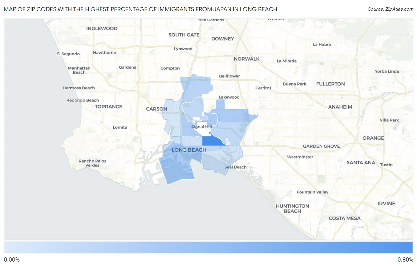 Zip Codes with the Highest Percentage of Immigrants from Japan in Long Beach Map