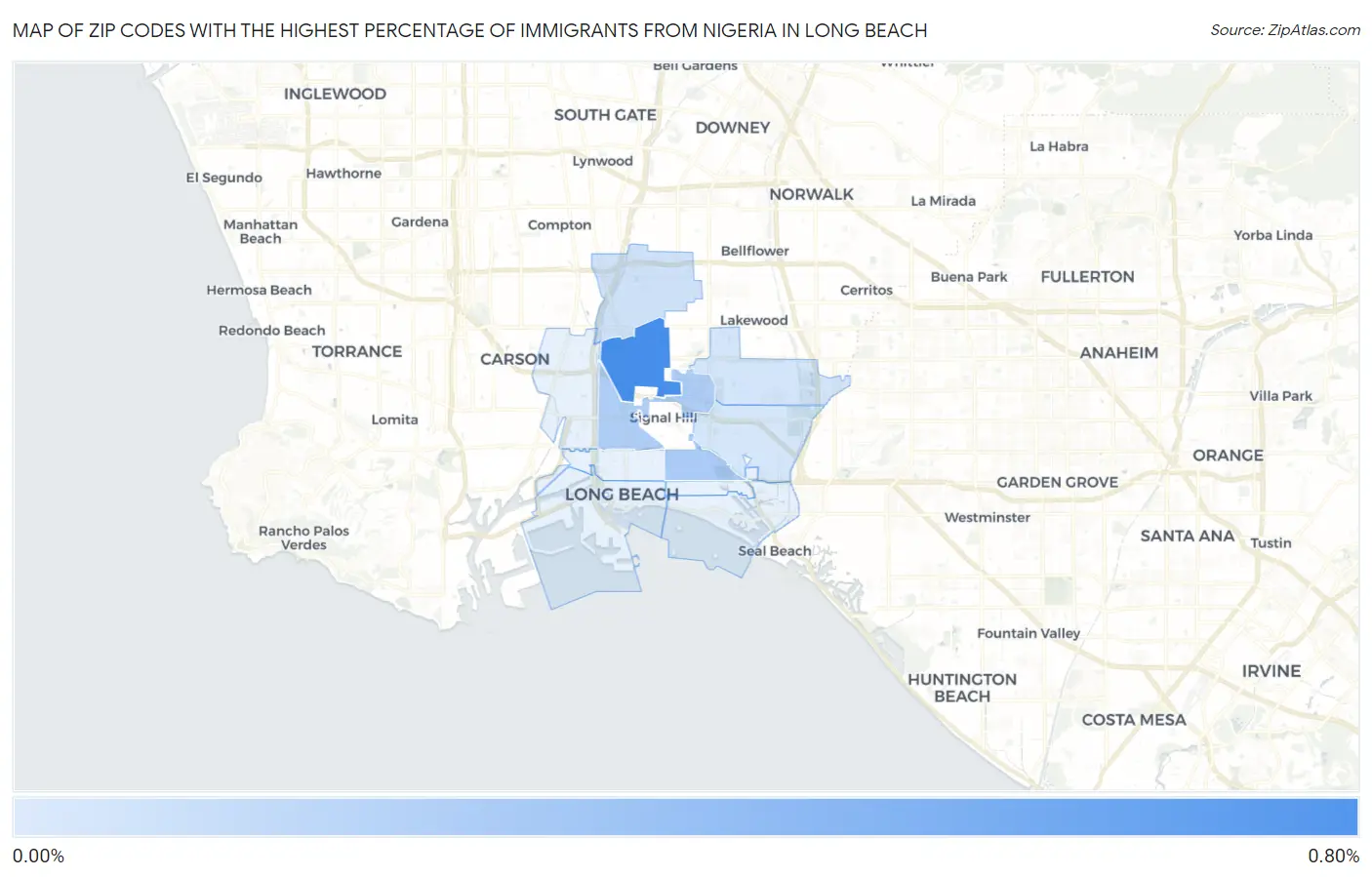 Zip Codes with the Highest Percentage of Immigrants from Nigeria in Long Beach Map