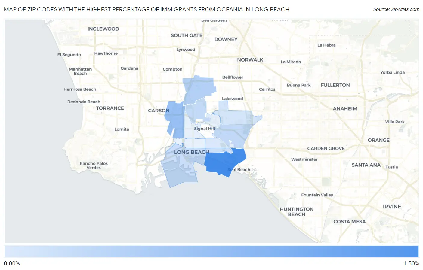 Zip Codes with the Highest Percentage of Immigrants from Oceania in Long Beach Map