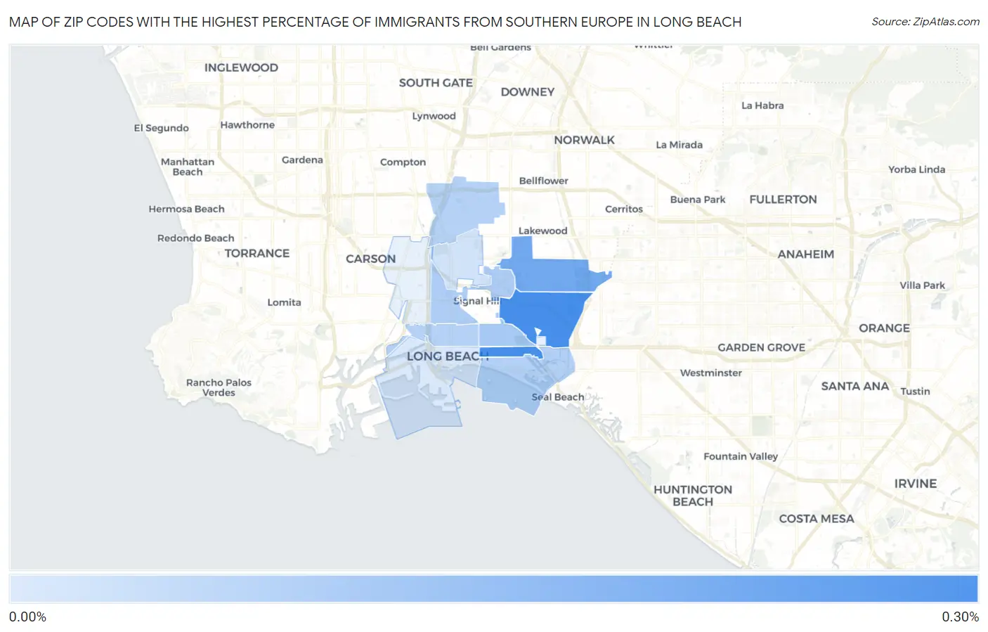 Zip Codes with the Highest Percentage of Immigrants from Southern Europe in Long Beach Map