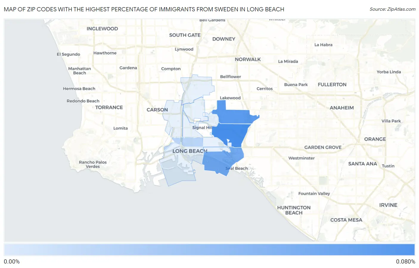 Zip Codes with the Highest Percentage of Immigrants from Sweden in Long Beach Map