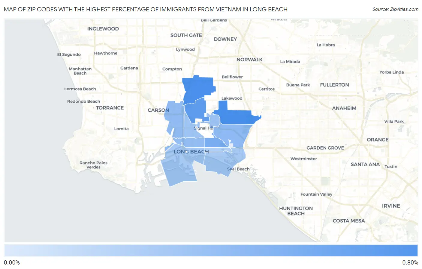 Zip Codes with the Highest Percentage of Immigrants from Vietnam in Long Beach Map