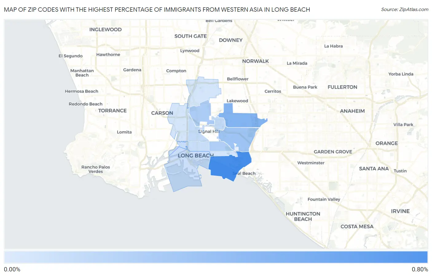 Zip Codes with the Highest Percentage of Immigrants from Western Asia in Long Beach Map