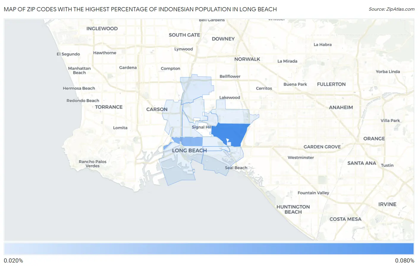 Zip Codes with the Highest Percentage of Indonesian Population in Long Beach Map
