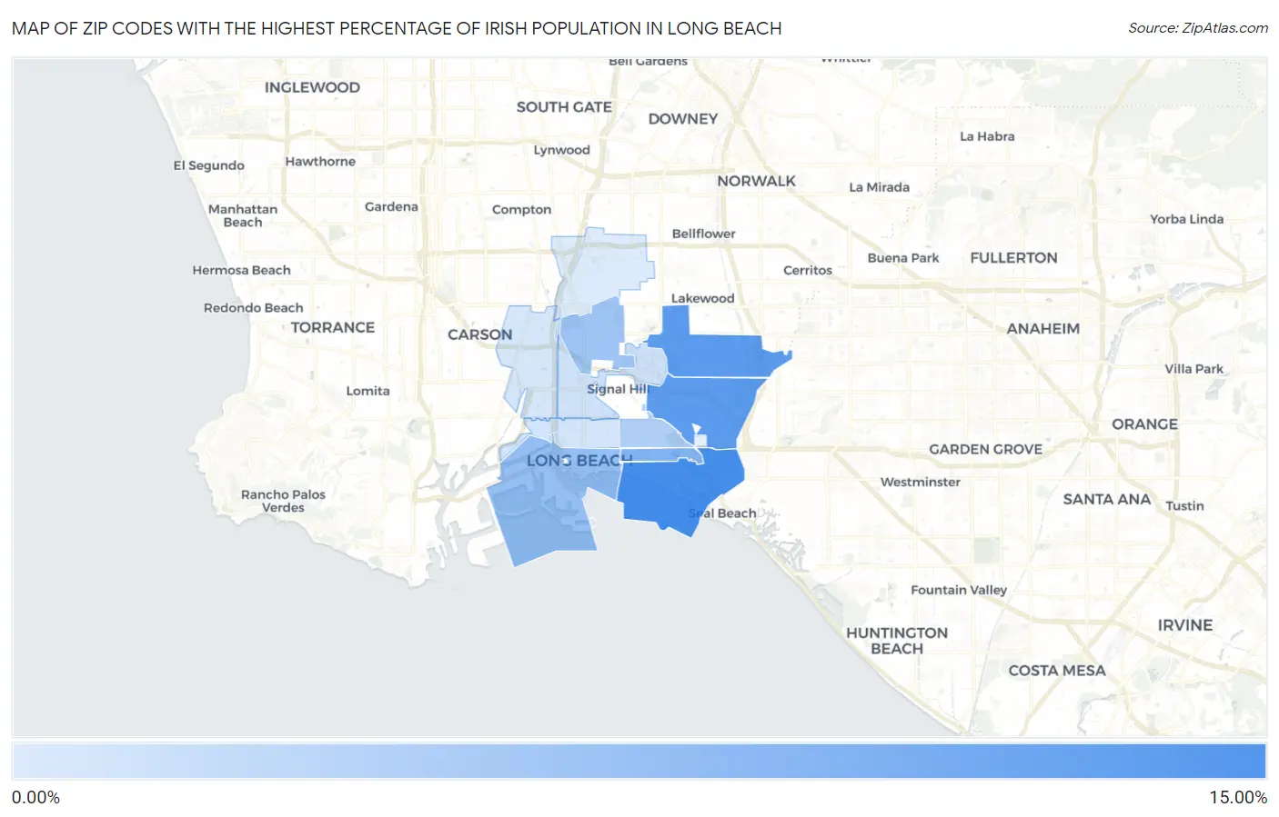 Zip Codes with the Highest Percentage of Irish Population in Long Beach Map
