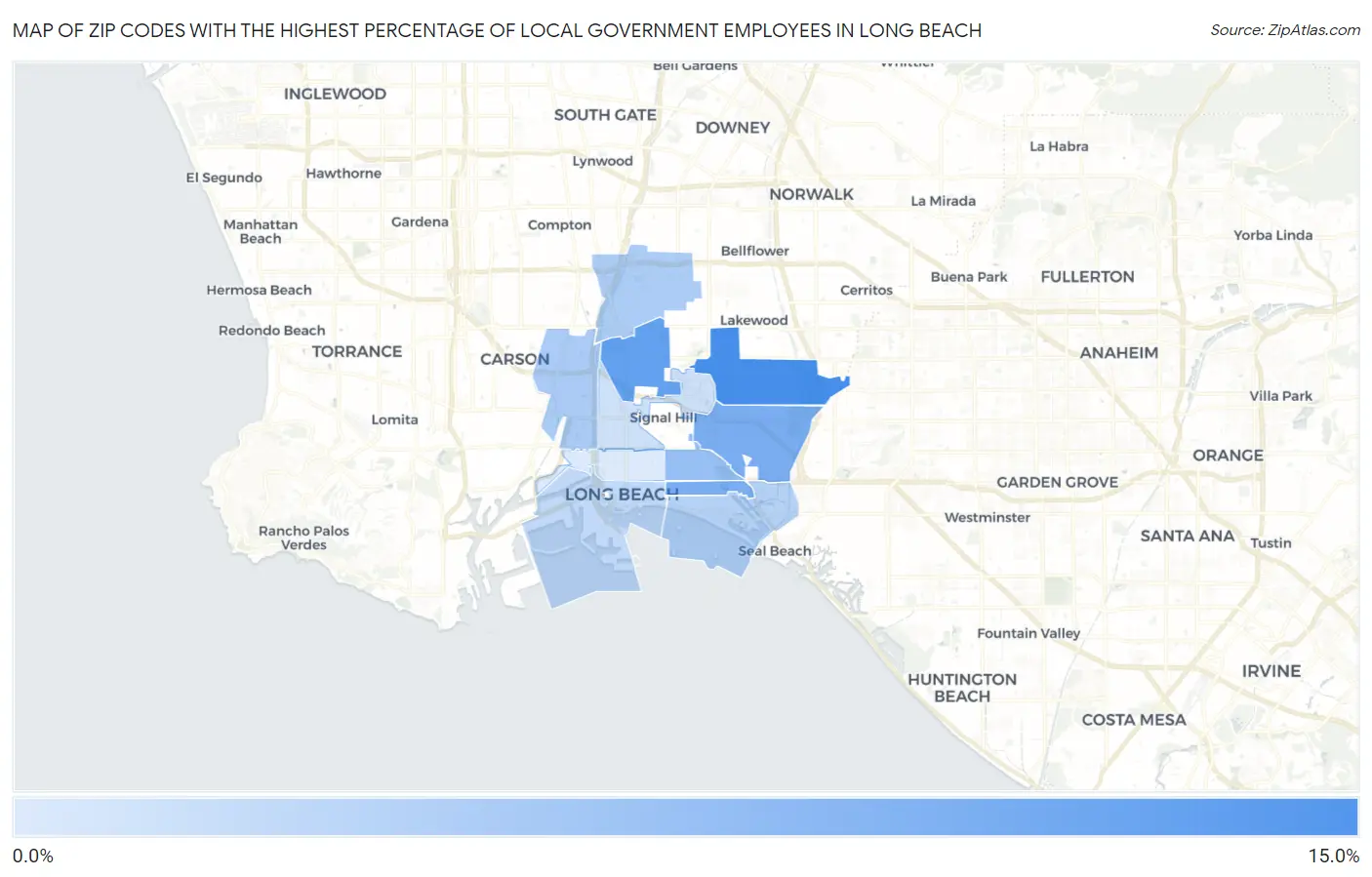 Zip Codes with the Highest Percentage of Local Government Employees in Long Beach Map