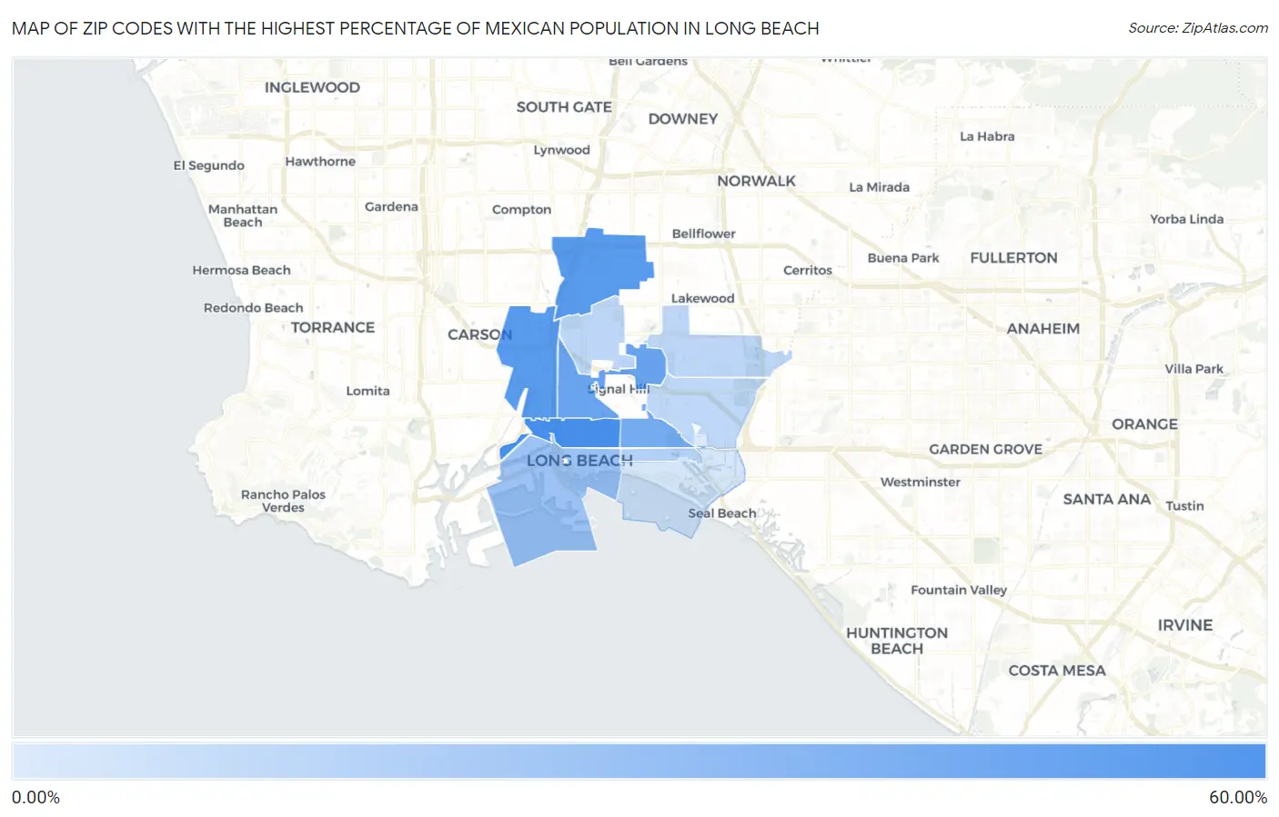 Zip Codes with the Highest Percentage of Mexican Population in Long Beach Map