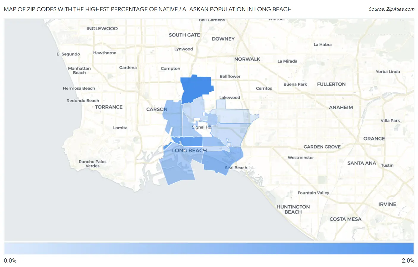 Zip Codes with the Highest Percentage of Native / Alaskan Population in Long Beach Map