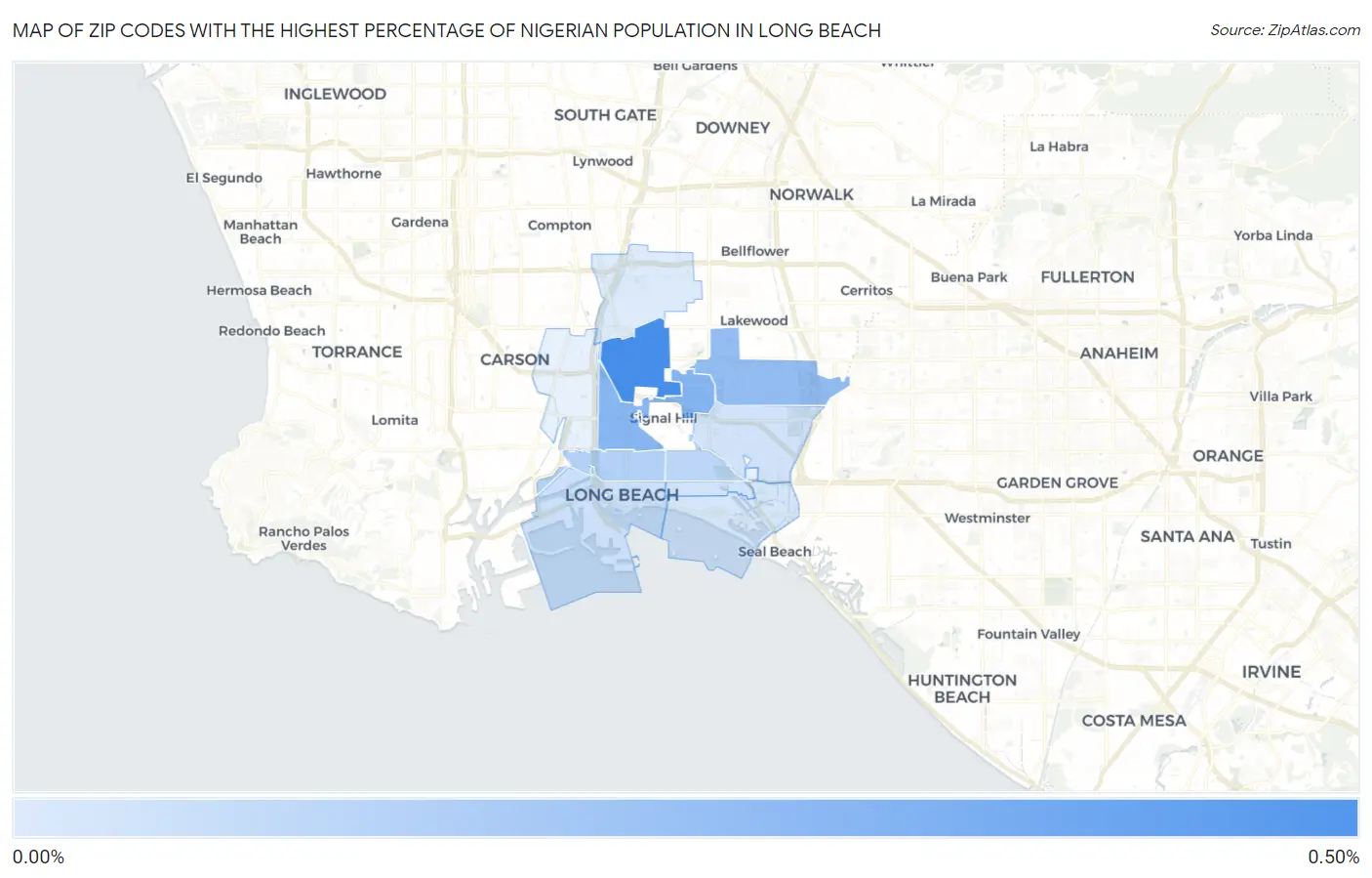 Zip Codes with the Highest Percentage of Nigerian Population in Long Beach Map