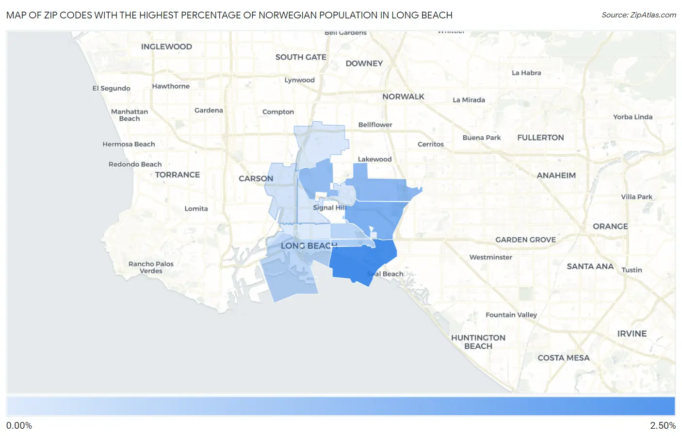 Zip Codes with the Highest Percentage of Norwegian Population in Long Beach Map