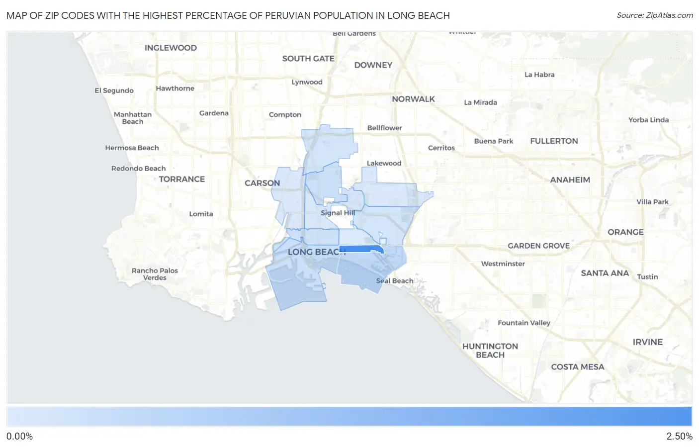 Zip Codes with the Highest Percentage of Peruvian Population in Long Beach Map