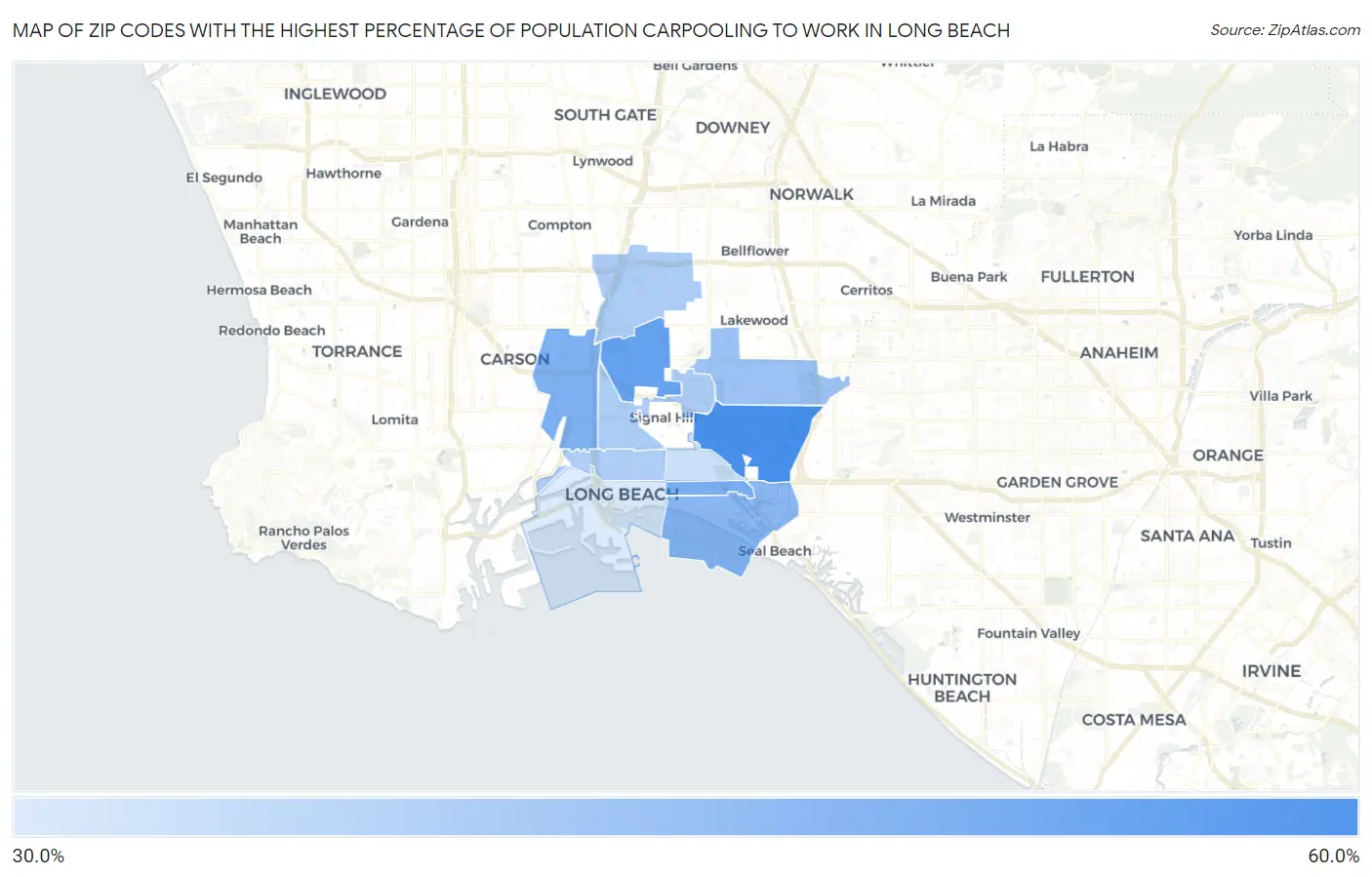 Zip Codes with the Highest Percentage of Population Carpooling to Work in Long Beach Map