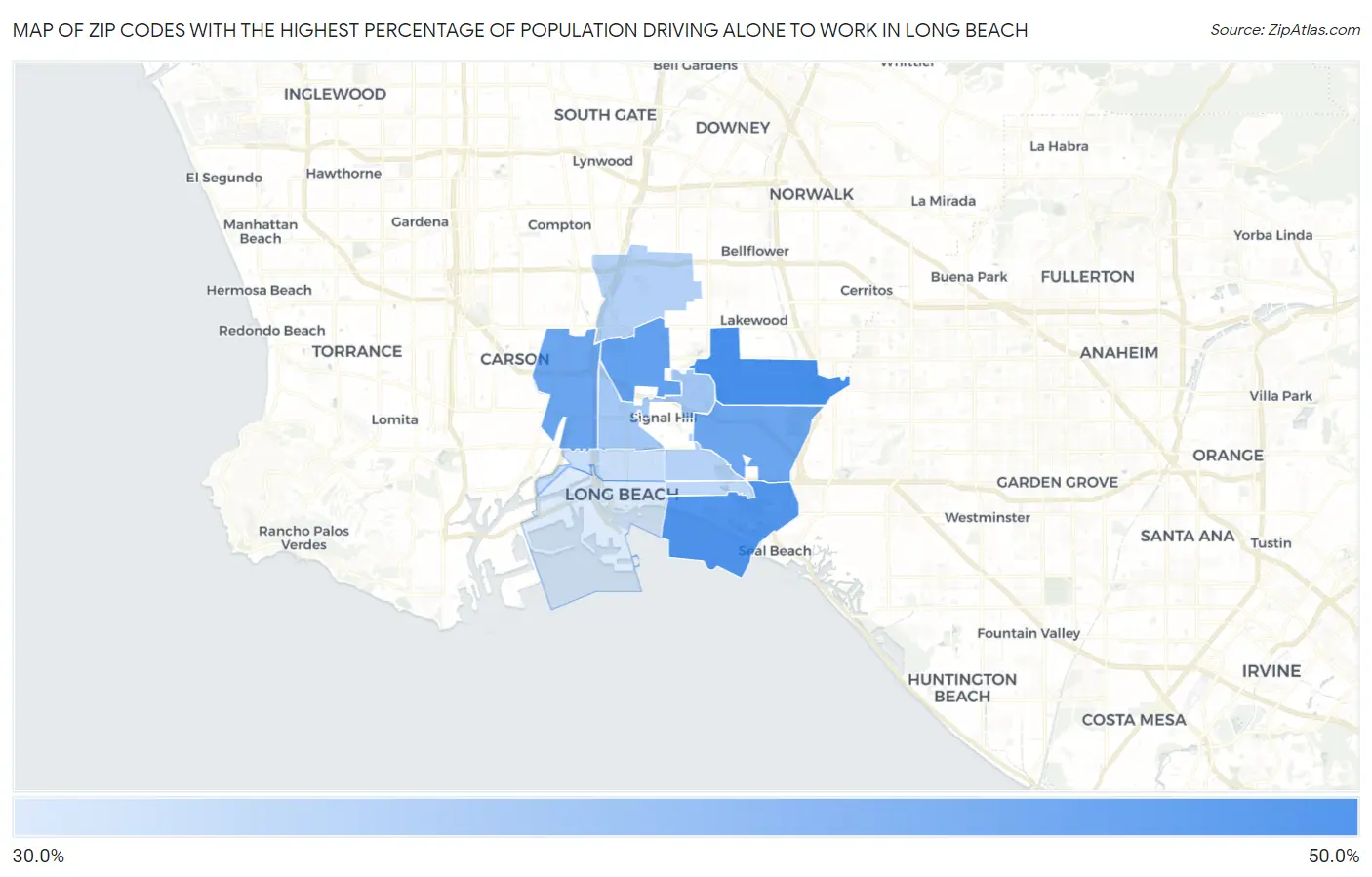 Zip Codes with the Highest Percentage of Population Driving Alone to Work in Long Beach Map