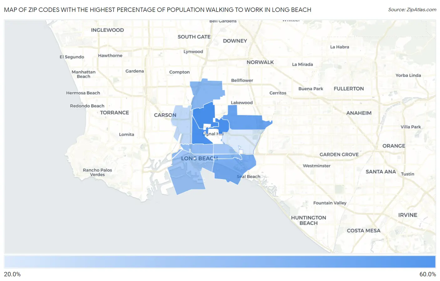 Zip Codes with the Highest Percentage of Population Walking to Work in Long Beach Map