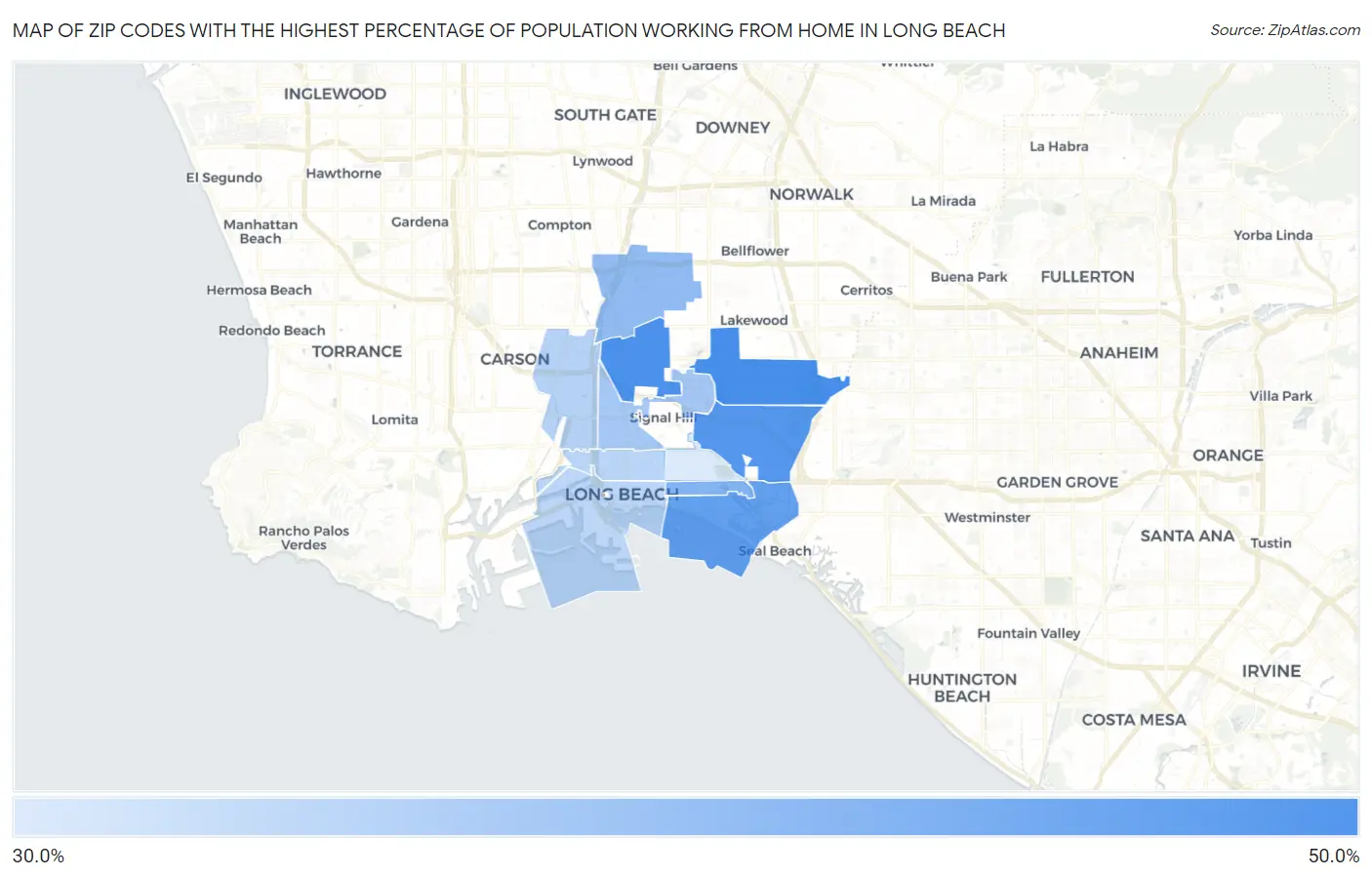 Zip Codes with the Highest Percentage of Population Working from Home in Long Beach Map