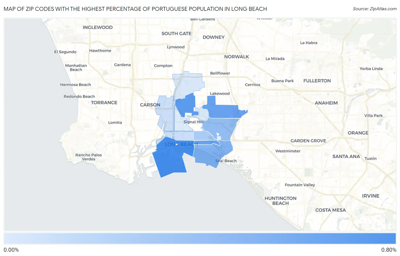Zip Codes with the Highest Percentage of Portuguese Population in Long Beach Map