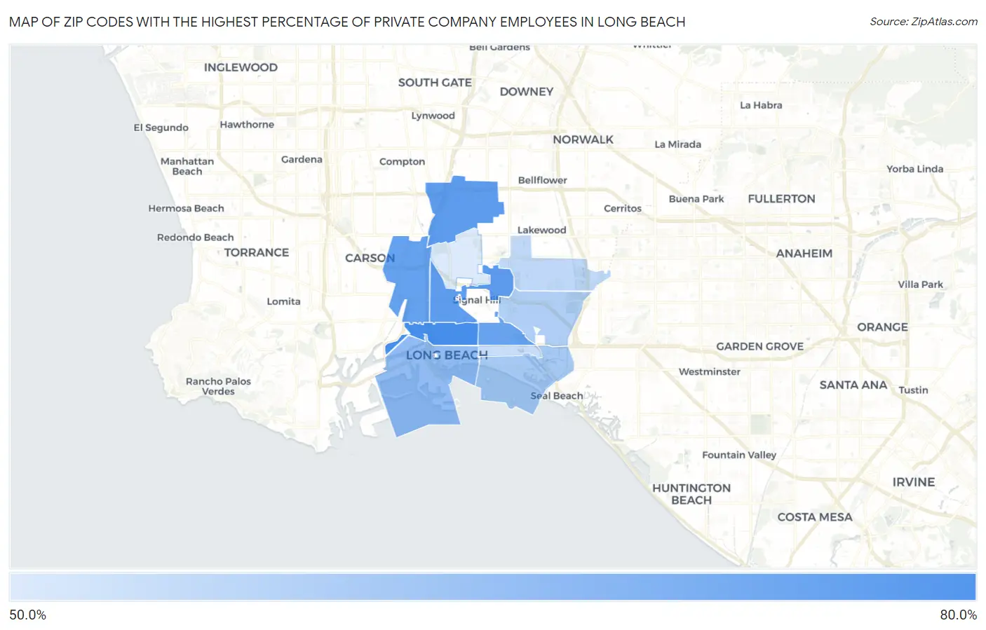 Zip Codes with the Highest Percentage of Private Company Employees in Long Beach Map