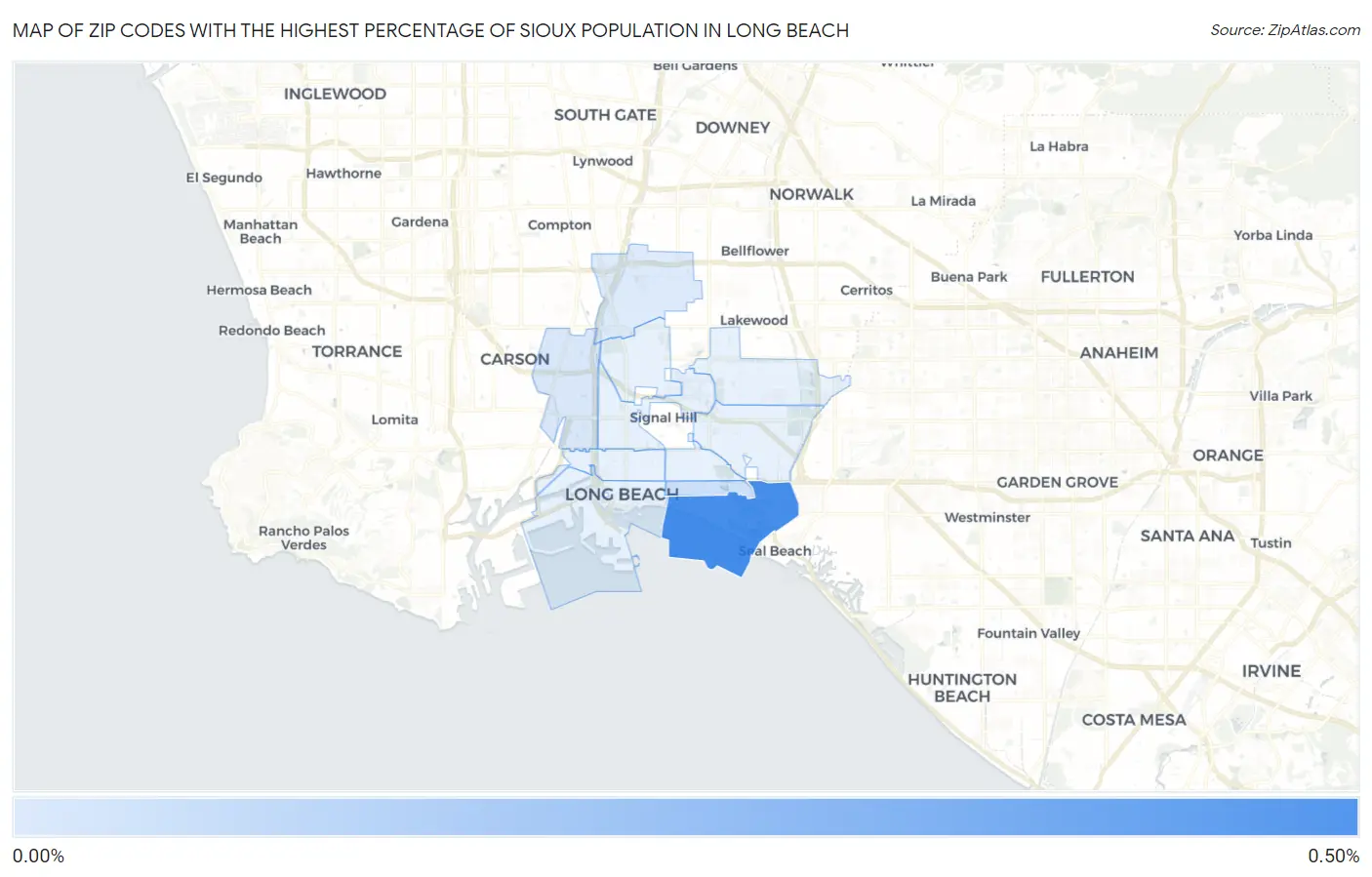 Zip Codes with the Highest Percentage of Sioux Population in Long Beach Map