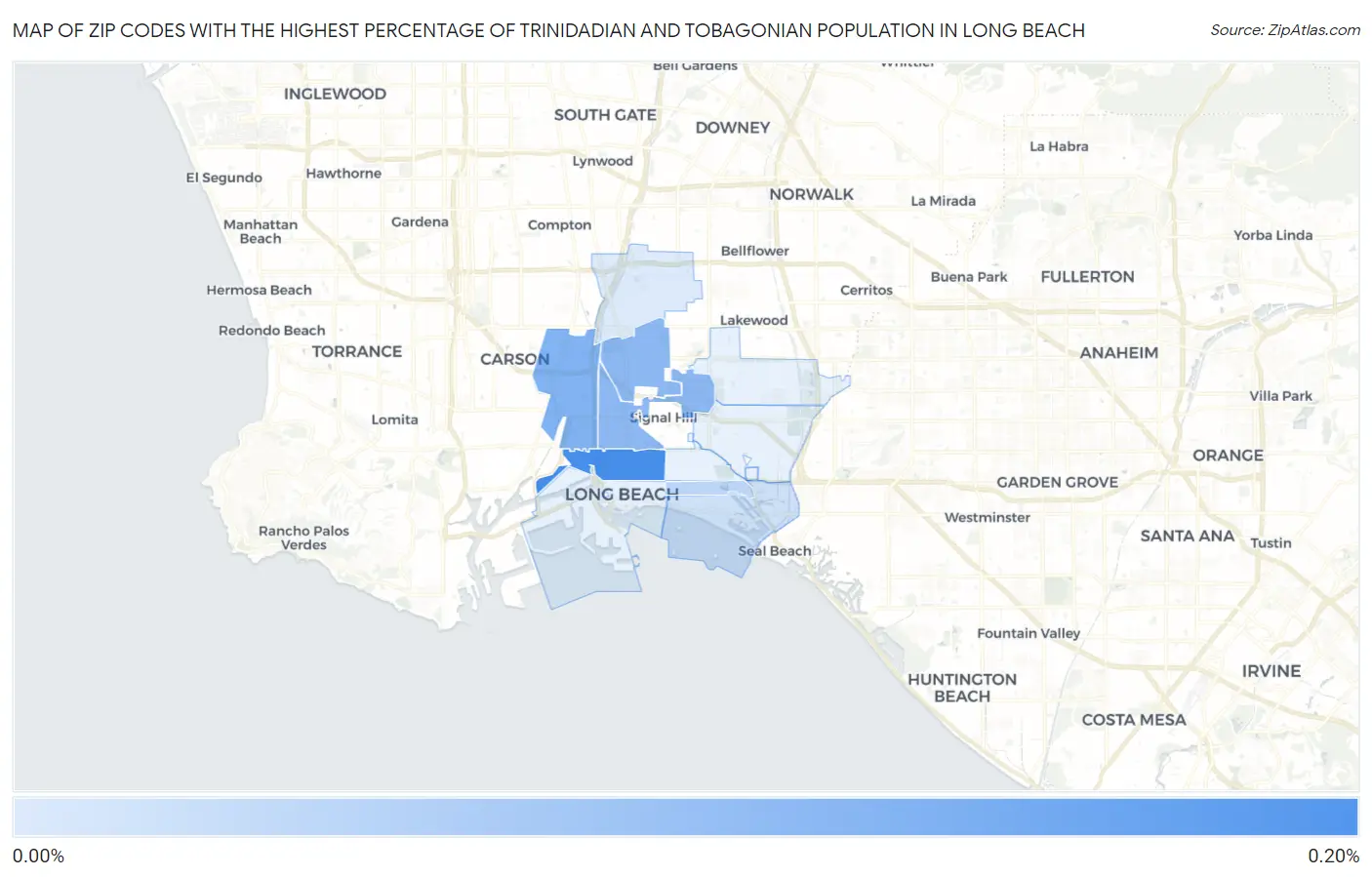 Zip Codes with the Highest Percentage of Trinidadian and Tobagonian Population in Long Beach Map