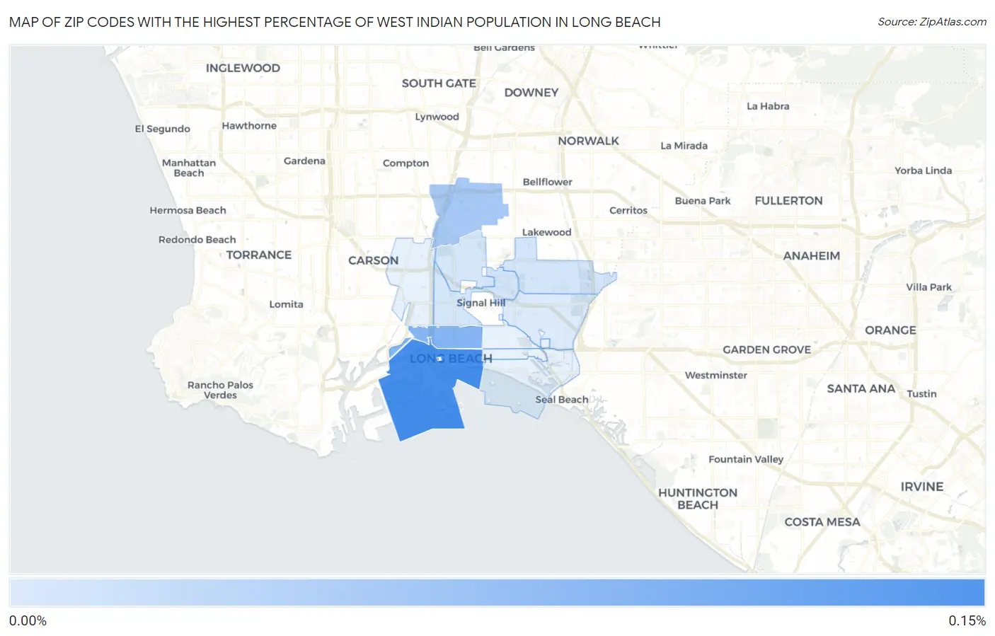 Zip Codes with the Highest Percentage of West Indian Population in Long Beach Map