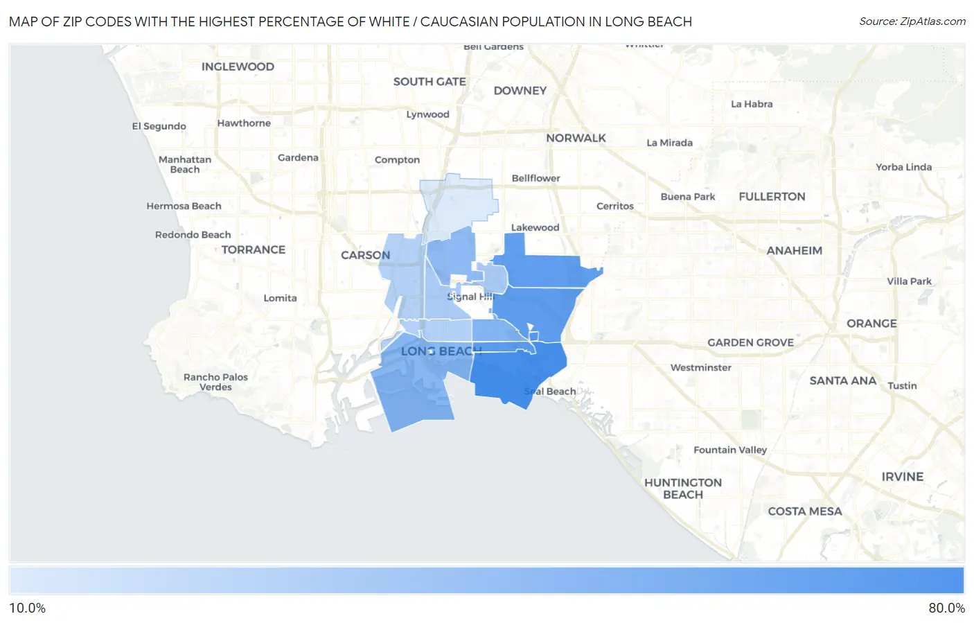 Zip Codes with the Highest Percentage of White / Caucasian Population in Long Beach Map