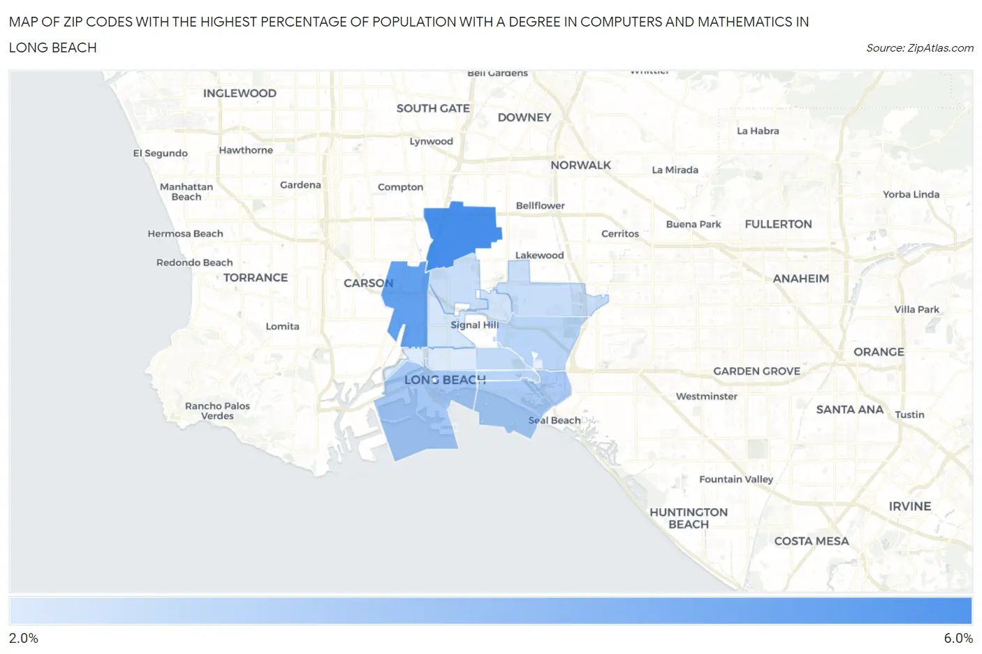 Zip Codes with the Highest Percentage of Population with a Degree in Computers and Mathematics in Long Beach Map