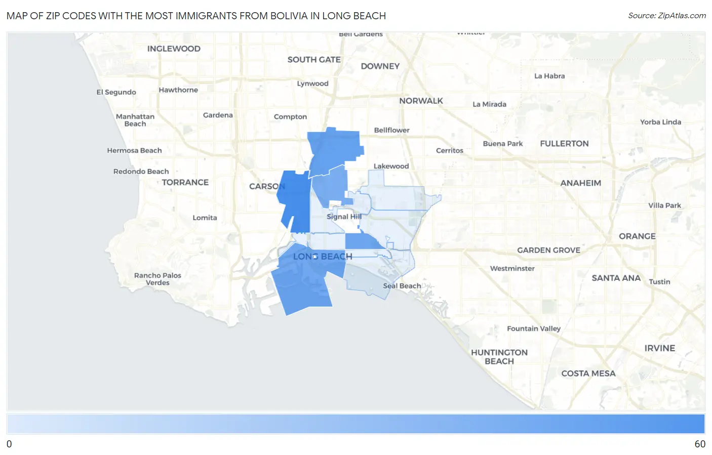 Zip Codes with the Most Immigrants from Bolivia in Long Beach Map