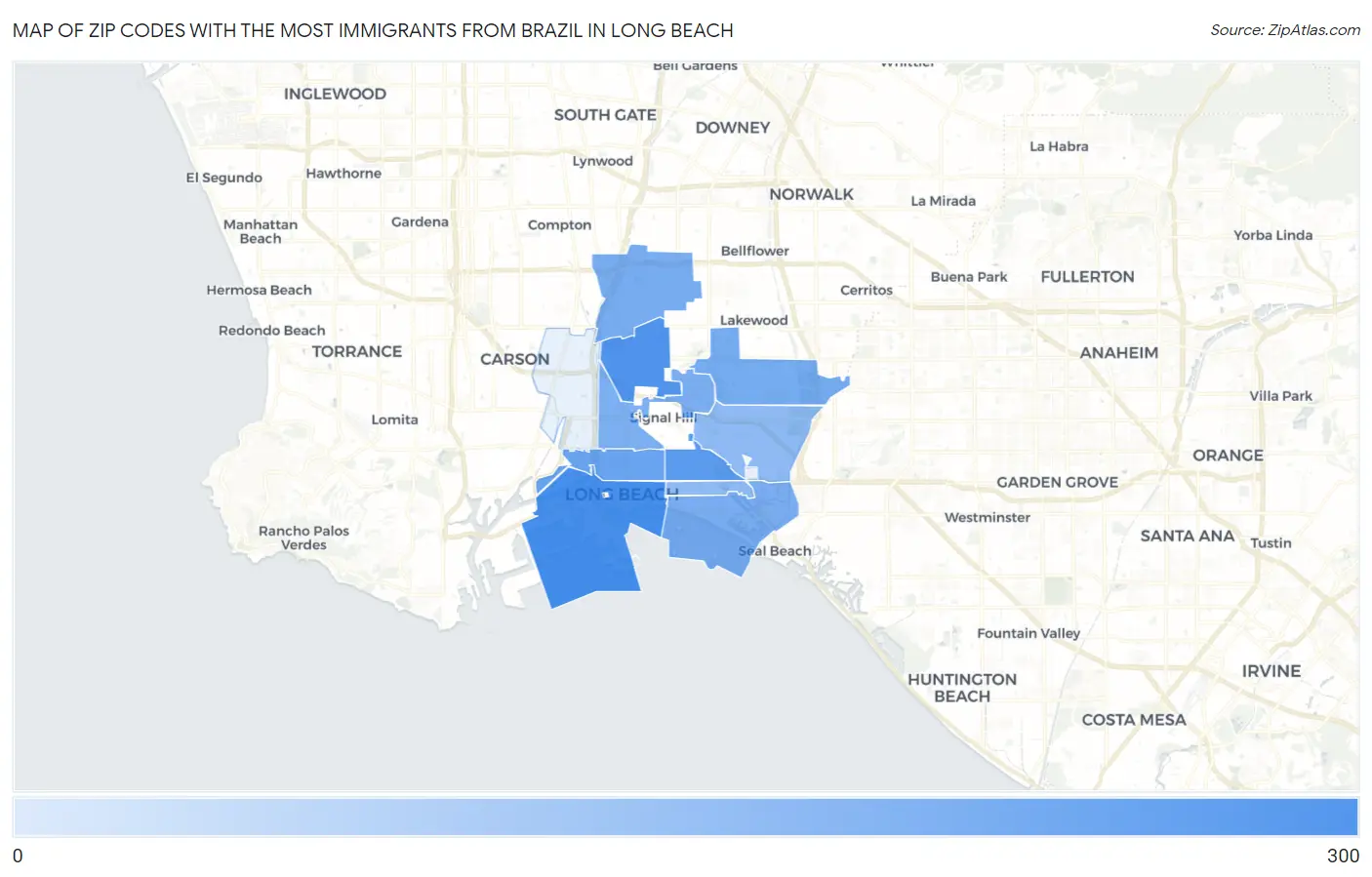 Zip Codes with the Most Immigrants from Brazil in Long Beach Map