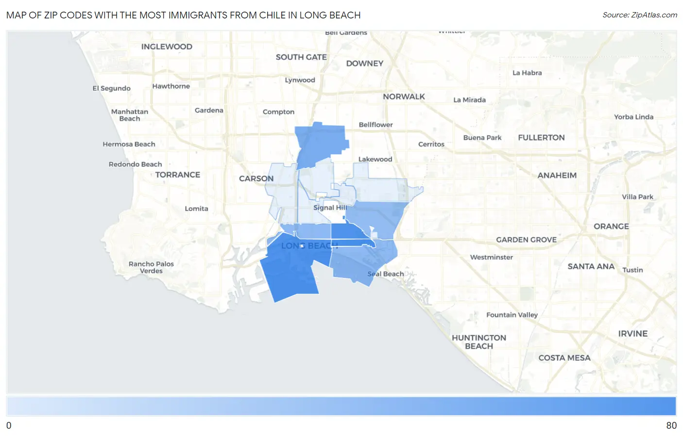 Zip Codes with the Most Immigrants from Chile in Long Beach Map