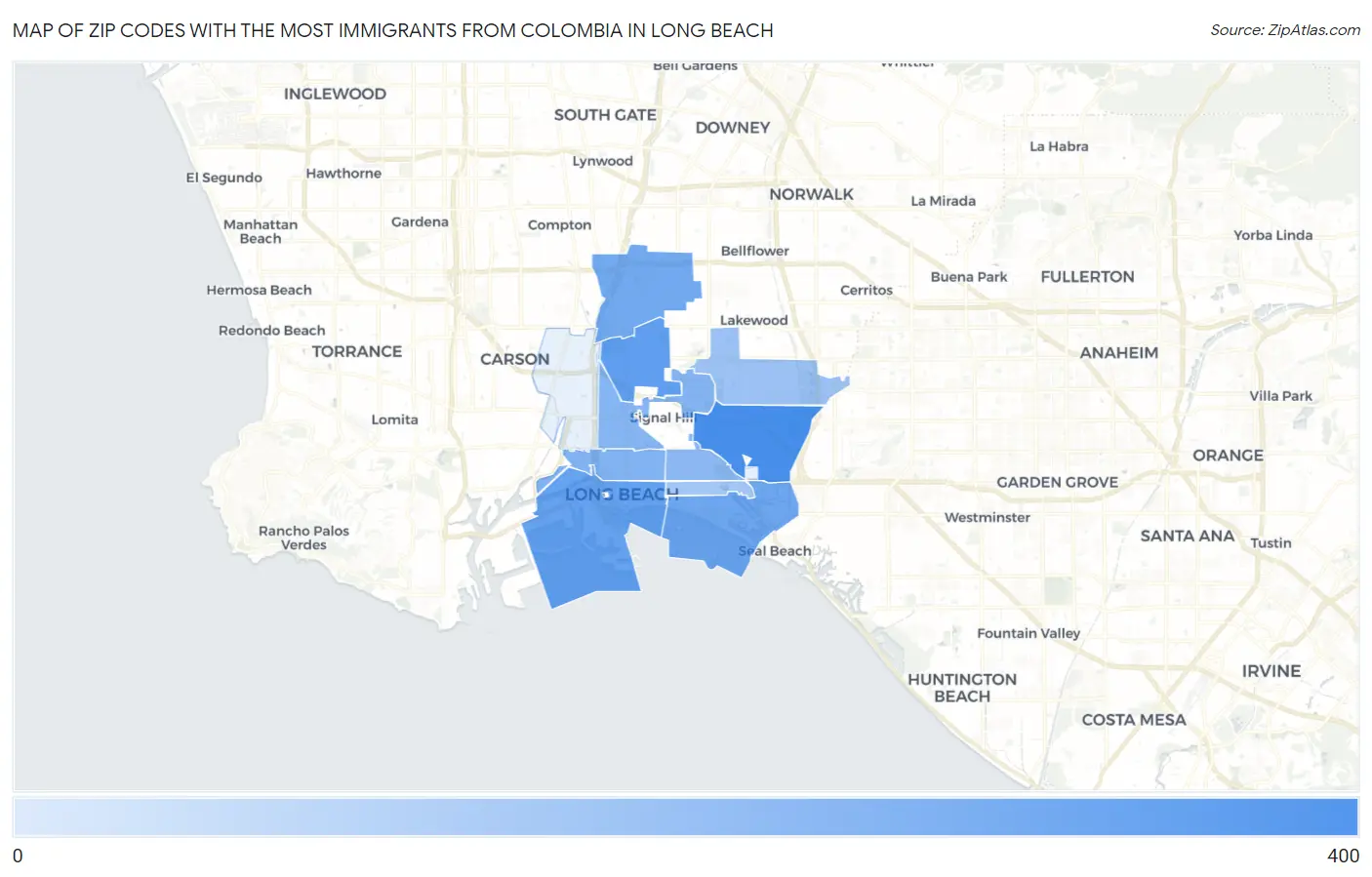 Zip Codes with the Most Immigrants from Colombia in Long Beach Map