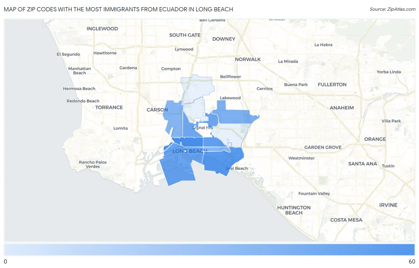 Zip Codes with the Most Immigrants from Ecuador in Long Beach Map