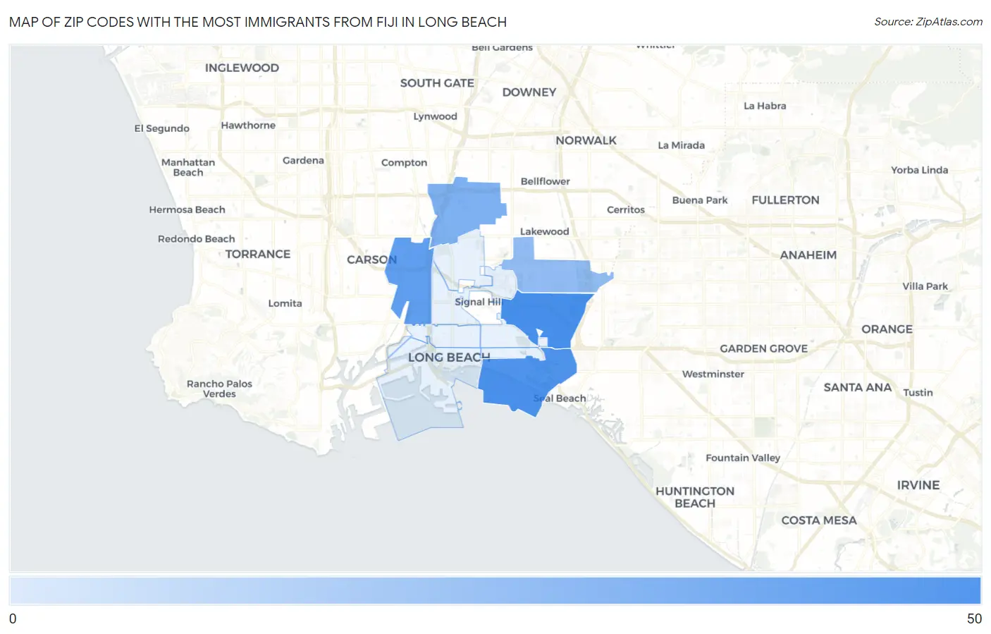 Zip Codes with the Most Immigrants from Fiji in Long Beach Map