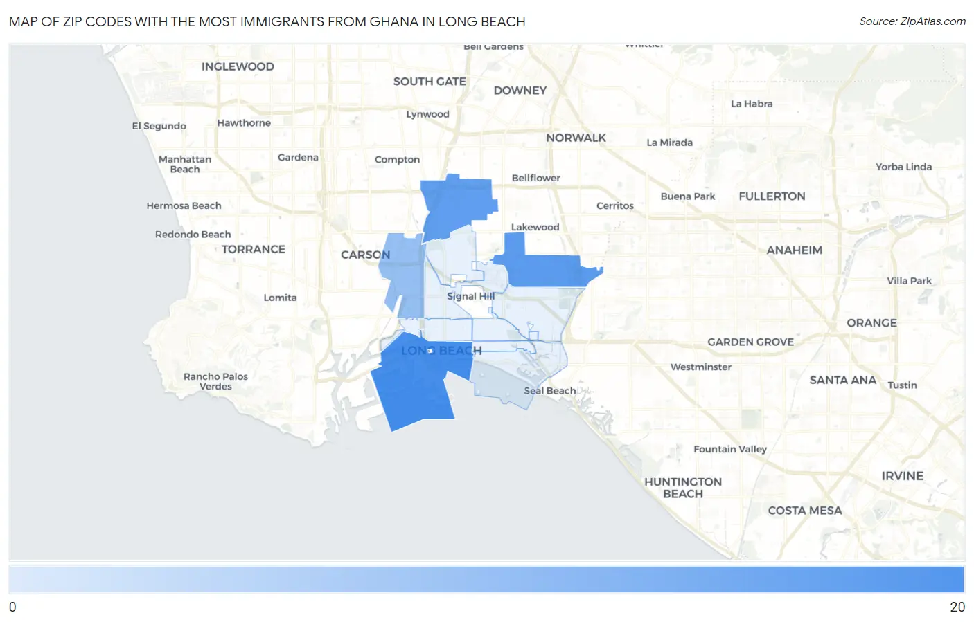 Zip Codes with the Most Immigrants from Ghana in Long Beach Map