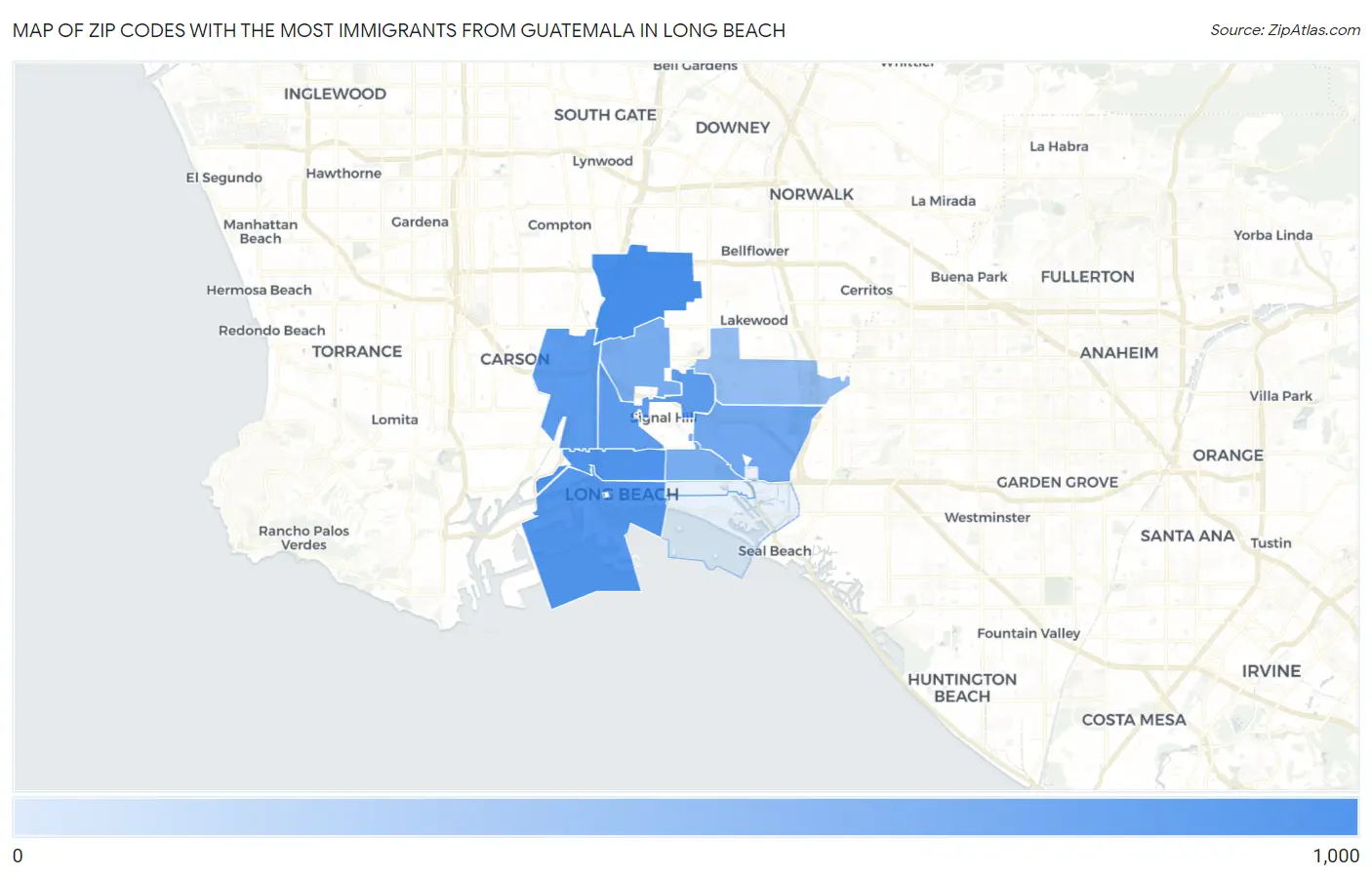 Zip Codes with the Most Immigrants from Guatemala in Long Beach Map