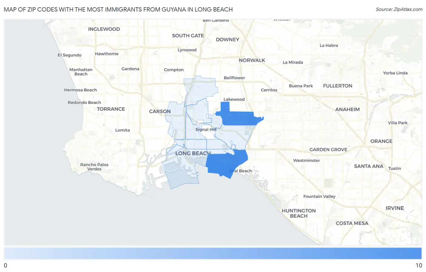 Zip Codes with the Most Immigrants from Guyana in Long Beach Map