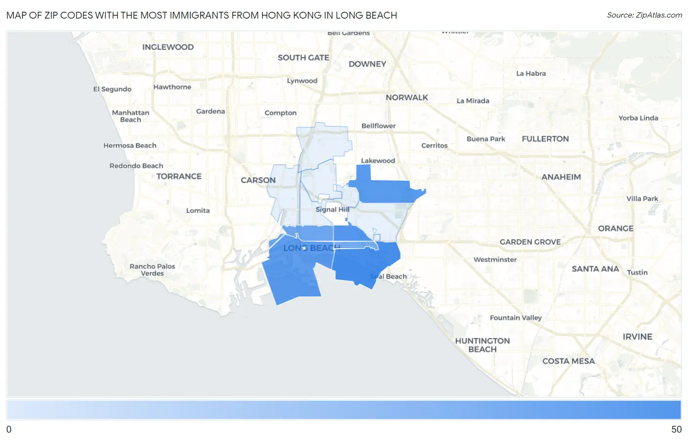Zip Codes with the Most Immigrants from Hong Kong in Long Beach Map