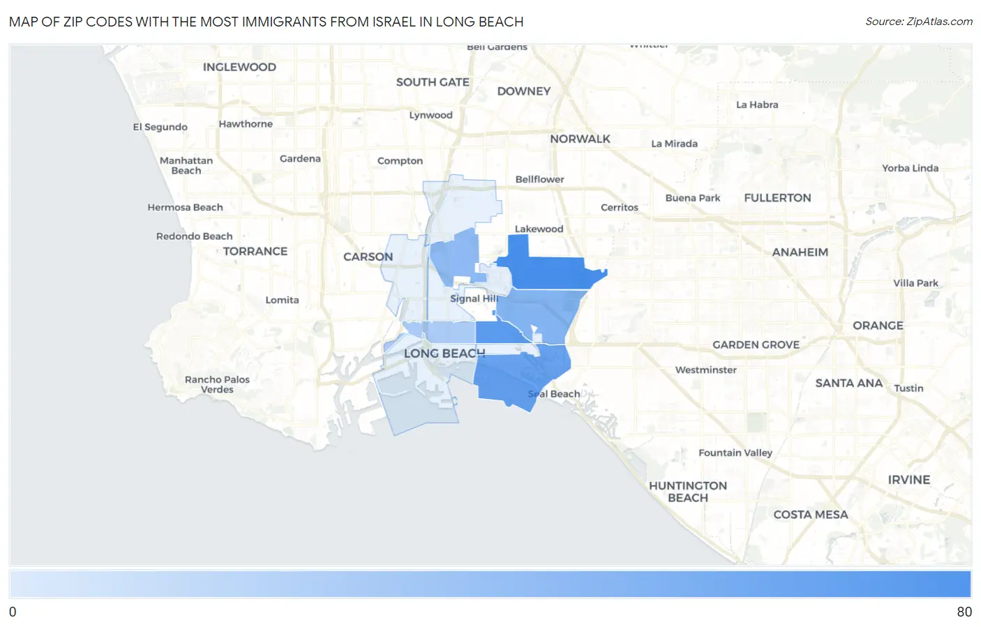 Zip Codes with the Most Immigrants from Israel in Long Beach Map